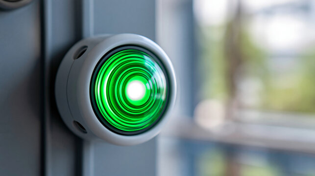 Close-up of a fire alarm system with normal status indicator light in green, system normal status concept, status indicator photography, building safety monitoring display,