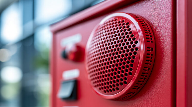 Close-up of a close-up view of a red fire alarm control panel featuring a circular speaker grille and emergency notification components, speaker grille detail concept, alarm