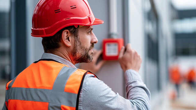 Rear view of a safety inspector in a helmet and vest checking a fire alarm on a gray factory wall, industrial safety concept, factory inspector photography, fire protection