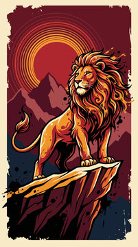 Majestic lion stands on rocky outcrop against a fiery sunset.