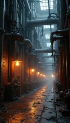 Fototapeta premium Dimly lit factory corridor with rows of metal pipes, steam. Old-fashioned bulbs illuminate path, showing gritty industrial setting. Gears, valves visible on walls, suggesting complex machinery at