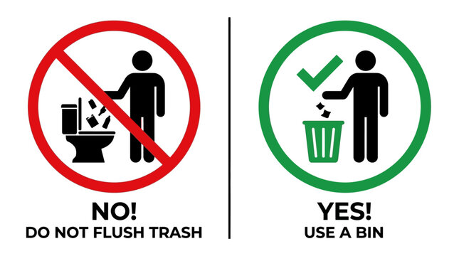 A person properly disposes trash in a bin with a sign instructing not to flush waste down the toilet.