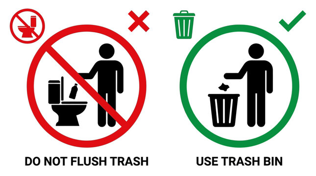 A person properly disposes trash in bin at public restroom facility