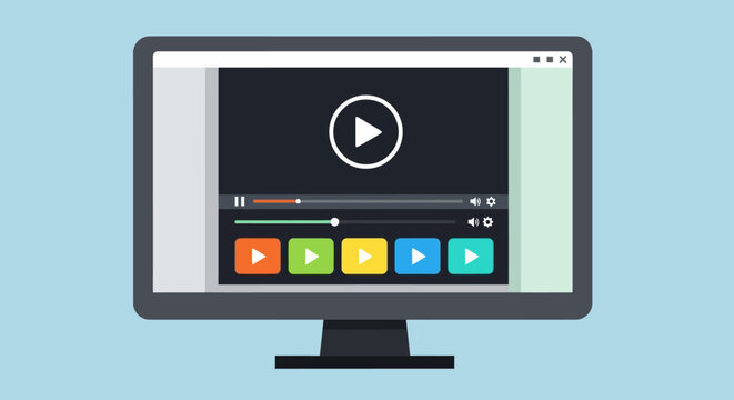 A computer monitor displays a video player interface with colorful buttons.
