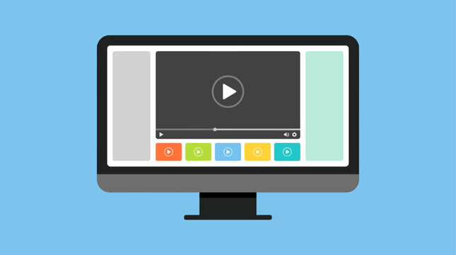 A computer monitor displays a video player with colorful buttons on screen.