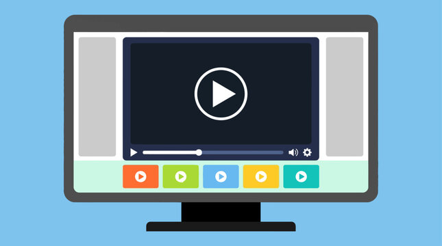 A computer monitor displays a video player on a blue background with colorful buttons.