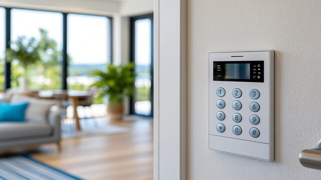 Close-up of a door phone intercom panel and home security alarm control panel mounted on a light wall, combined security concept, door intercom panel photography, home safety
