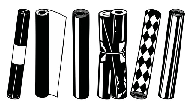 Black and White Paper Rolls Set, Vector Illustrations of Rolled Materials for Design, Architecture, Crafts, and Stationery Projects Isolated on a Clean White Background for Graphic Design Assets.