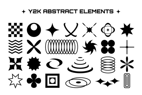 Y2K abstract aesthetic set: vector geometric elements and shapes.2000s, retro, vintage, nostalgia,creative concept for banners, posters,or social networks.Transparent background.Black and white design