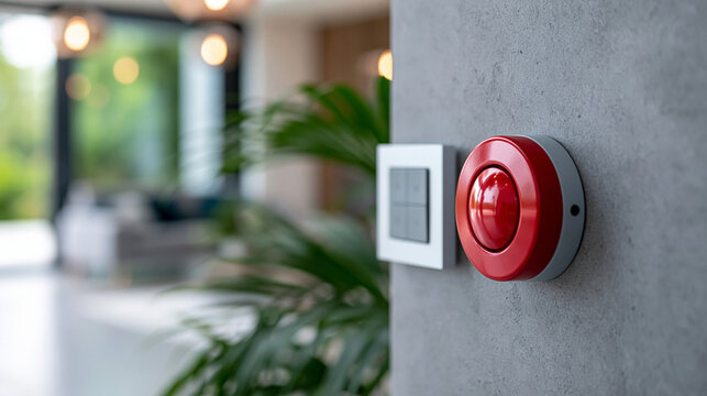 Close-up of a fire alarm push button mounted beside a house security control panel on a gray wall, combined security concept, dual alarm system photography, residential fire and