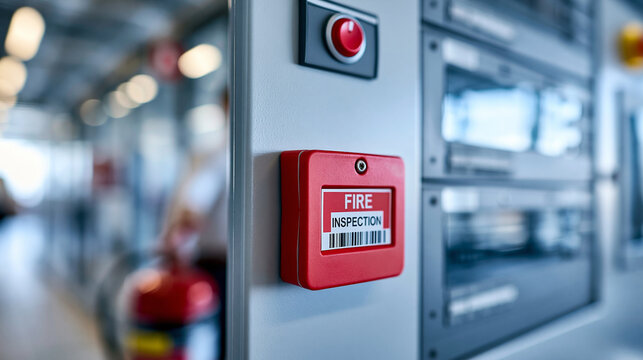 Close-up of a fire alarm control panel in a service room with fire inspection tag visible, fire inspection concept, service room panel photography, residential fire system status,