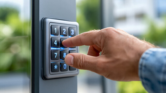 Close-up of a hand pressing a number on a modern dark gray security access control panel with blue glowing keypad, access control concept, security keypad photography, building