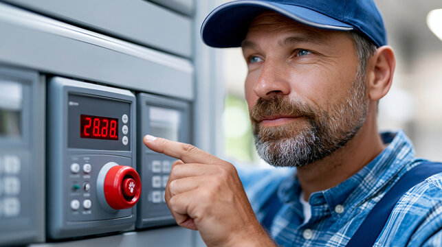 Close-up of a fire alarm control panel in a service room being inspected during a yearly checkup, annual maintenance concept, service inspection photography, residential fire