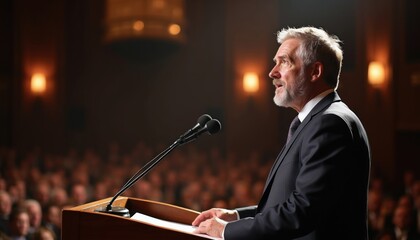 Naklejka premium Elderly man in suit speaks at podium with microphones. Focused speaker addresses crowd in formal setting. Audience listens intently during presentation or lecture indoors.