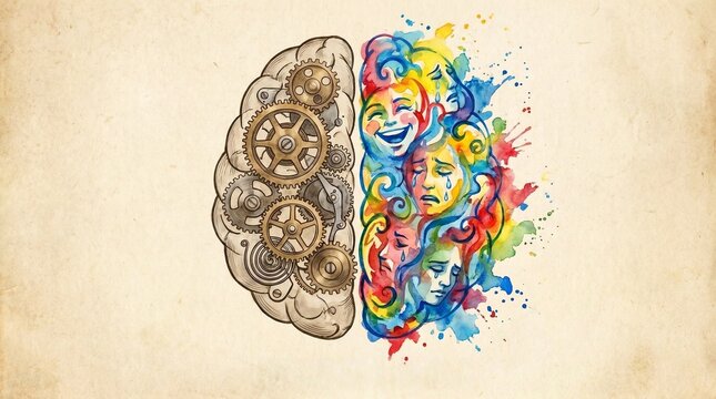 Abstract illustration of a split human brain showing left hemisphere mechanical gears for logic and right hemisphere watercolor faces for emotions.