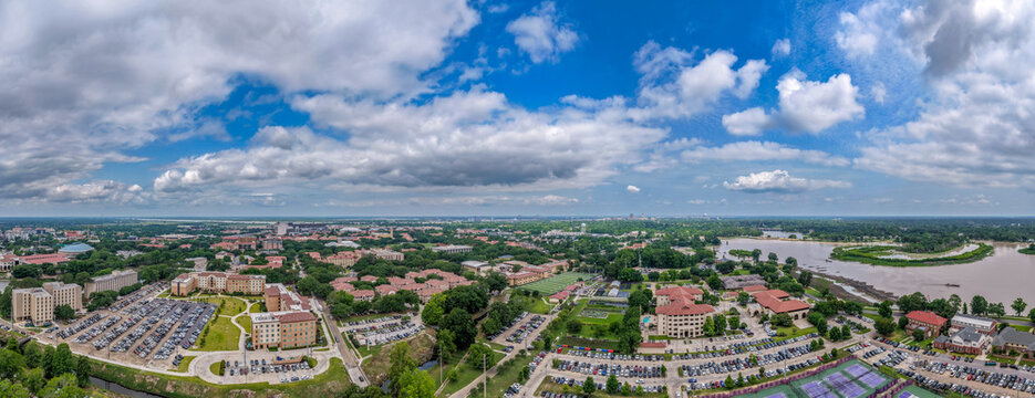 Louisiana State University Baton Rouge &mdash; Wide Panoramic Aerial Campus Italian Renaissance Buildings Tennis Courts Mississippi River