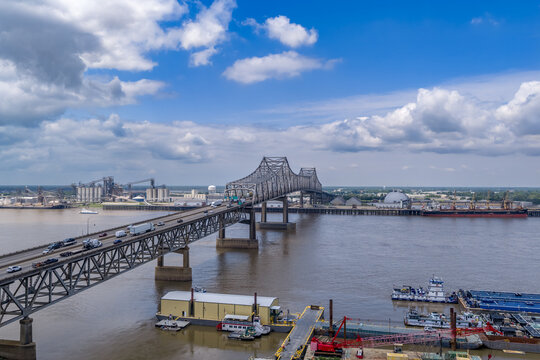 Baton Rouge Louisiana &mdash; Horace Wilkinson Bridge I-10 Mississippi River Industrial Port and Cargo Ship Aerial