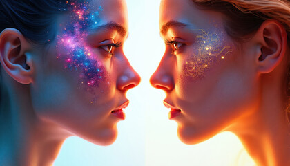 Fototapeta premium Two women face each other, one with galaxy face paint, other with circuit board art. Creative portraits show contrast and connection. Diverse identities meet in art.