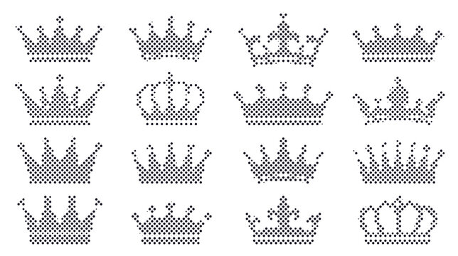 Set of isolated vector crowns created with a halftone dot pattern on a plain white back.