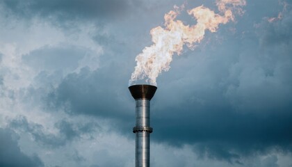 Fototapeta premium Closeup medium shot of vertical flare stack emitting clean flame during an overcast day main stack crisply detailed with softfocus cloudy sky behind.