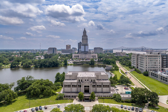 Baton Rouge Louisiana &mdash; Louisiana State Capitol Aerial from South with City Park Lake and Neoclassical Government Building