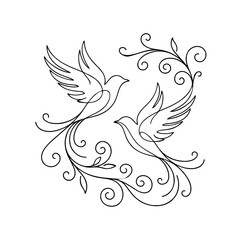 Fototapeta premium Vector illustration of decorative flying birds with ornamental swirls, symbolizing freedom, harmony and natural elegance, isolated on a transparent background