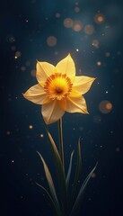 Golden daffodil blooms with starlight and bokeh against dark background. Elegant floral symbol for spring celebration and Welsh heritage. Magical botanical art.