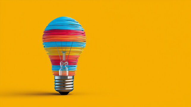 Vibrant multicolored light bulb on orange background with creative design