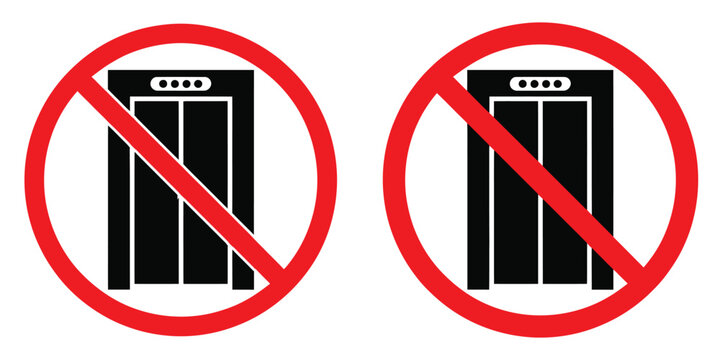 No Elevator Use Icon Collection with Prohibited Lift Signs, Fire Emergency Warning, Damage Alert, Restricted Access Notice, Public Safety Symbols, and Clean Vector Graphics