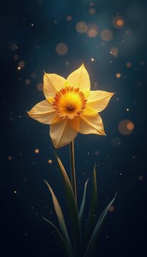 Golden daffodil blooms with starlight and bokeh against dark background. Elegant floral symbol for spring celebration and Welsh heritage. Magical botanical art.