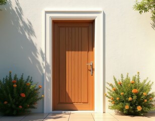 Fototapeta premium Wooden door with white frame on textured wall, flanked by green bushes with orange flowers. Bright sunlight casts shadows on the facade, creating an inviting entrance to a home or building.