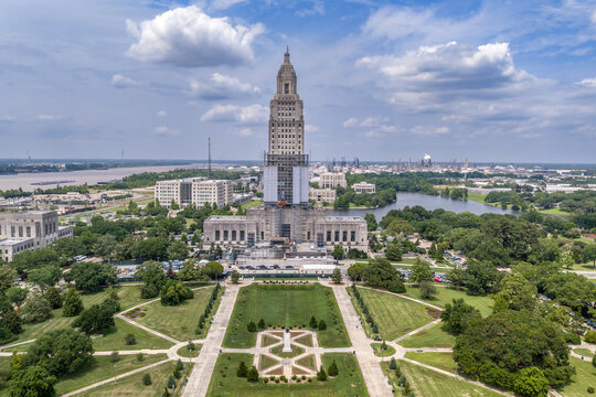 Baton Rouge Louisiana &mdash; Louisiana State Capitol Front Approach Formal Gardens Aerial with Mississippi River