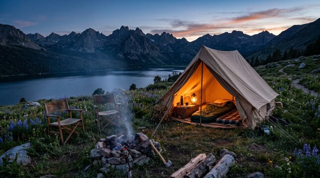 Cozy camping tent by the lake with fire and mountain backdrop  