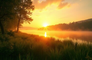 Fototapeta premium Golden sunrise glows over misty river reflecting sun rays. Trees line grassy shore creating peaceful morning landscape. Peaceful water scene.