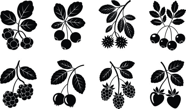 Set of black silhouettes of various berries with leaves isolated