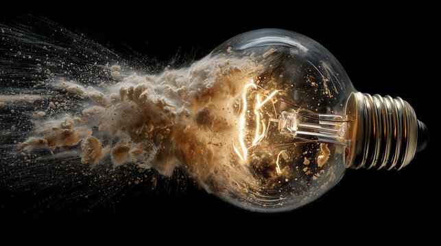 Light bulb exploding with debris and sparks flying everywhere suddenly