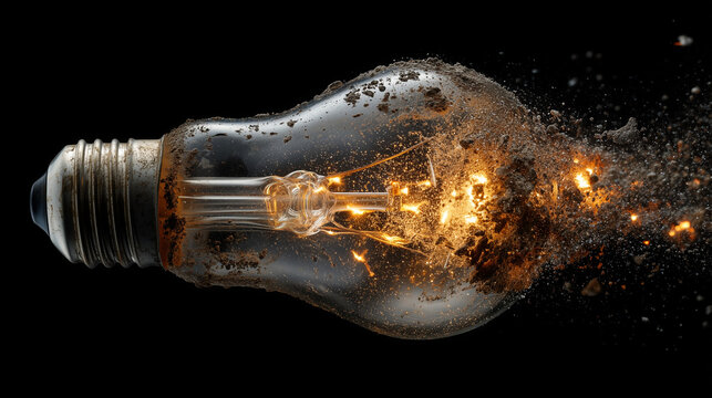 A light bulb violently exploding with glowing hot filaments and molten glass