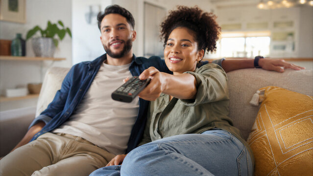 Smiling young multiethnic couple sitting on a cozy sofa at home, watching television and using a remote control to enjoy streaming entertainment in their bright living room.