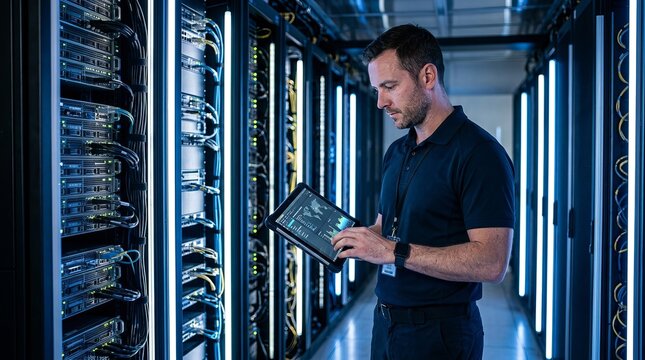 Data center technician monitoring server hardware performance using a digital tablet inside a modern high tech server room facility with bright blue lighting and organized network cabling while conduc