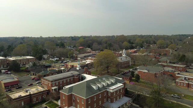 Aerial flyover view of downtown Hillsborough, North Carolina, in Orange County