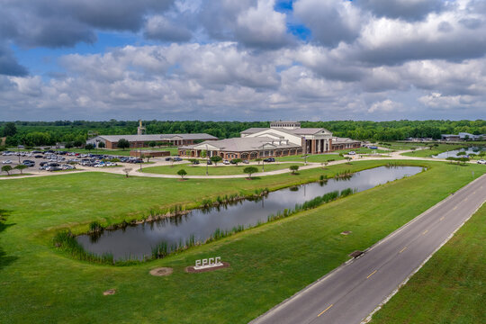 River Parishes Community College Louisiana &mdash; Wide Campus Aerial Entrance Road Retention Ponds and Wooded Setting