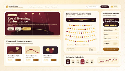 Luxury Theater Ticket Booking Dashboard Interface. Elegant theater reservation UI with hero performance card, auditorium seat map, ticket checkout, featured shows, calendar schedule. Vector graphic © 24 std