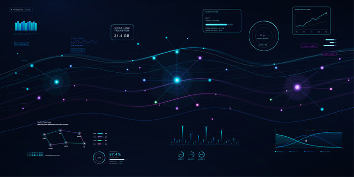 Futuristic Network Data Flow HUD Interface. Dark sci-fi analytics HUD showing glowing network nodes, data streams, topology map, signal charts, waveform panels. Data flow and HUD. Vector graphic UI