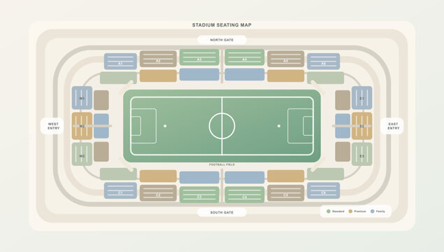 Pastel Stadium Seating Map with Football Field. Minimal stadium seating map showing football field, gate entries, section blocks, seat categories, and legend for standard. Map - stadium layout. Vector