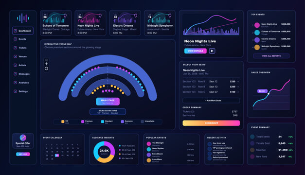 Neon Event Ticketing Dashboard and Seat Map. Dark event management UI with interactive concert venue map, ticket checkout, sales charts, top events, calendar, audience insights. Vector admin panel
