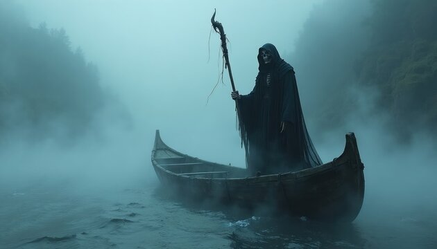 Figure in dark cloak with skull face holds staff in boat on misty river. Grim reaper ferries souls across water, concept of death afterlife journey. Eerie atmosphere, dark fantasy scene.