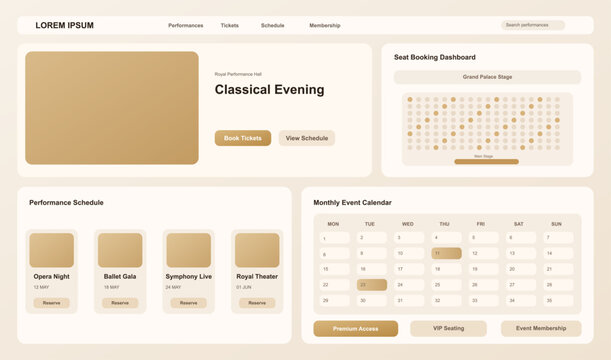Minimal Theater Performance Booking Dashboard UI. Soft beige theater booking interface with classical evening hero section, seat map, performance schedule cards, monthly event calendar. Vector panel