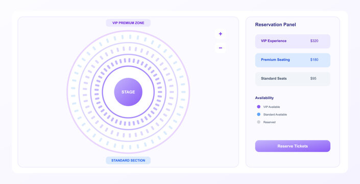Circular VIP Seat Reservation Interface. Minimal light ticket reservation UI with circular stage seating map, VIP and standard zones, pricing cards, availability legend and reserve tickets button.