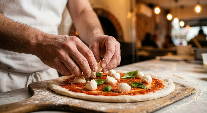 AI-generated classic Margherita pizza preparation process pizzaiolo placing fresh mozzarella balls on tomato sauce and basil leaves hand-stretched thin dough