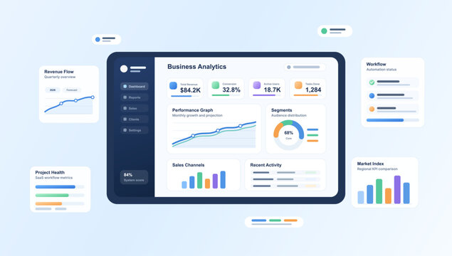 Business Analytics Dashboard SaaS Interface Illustration. Light SaaS analytics illustration showing business dashboard on tablet with KPI cards, performance graph, segment donut chart. Vector App